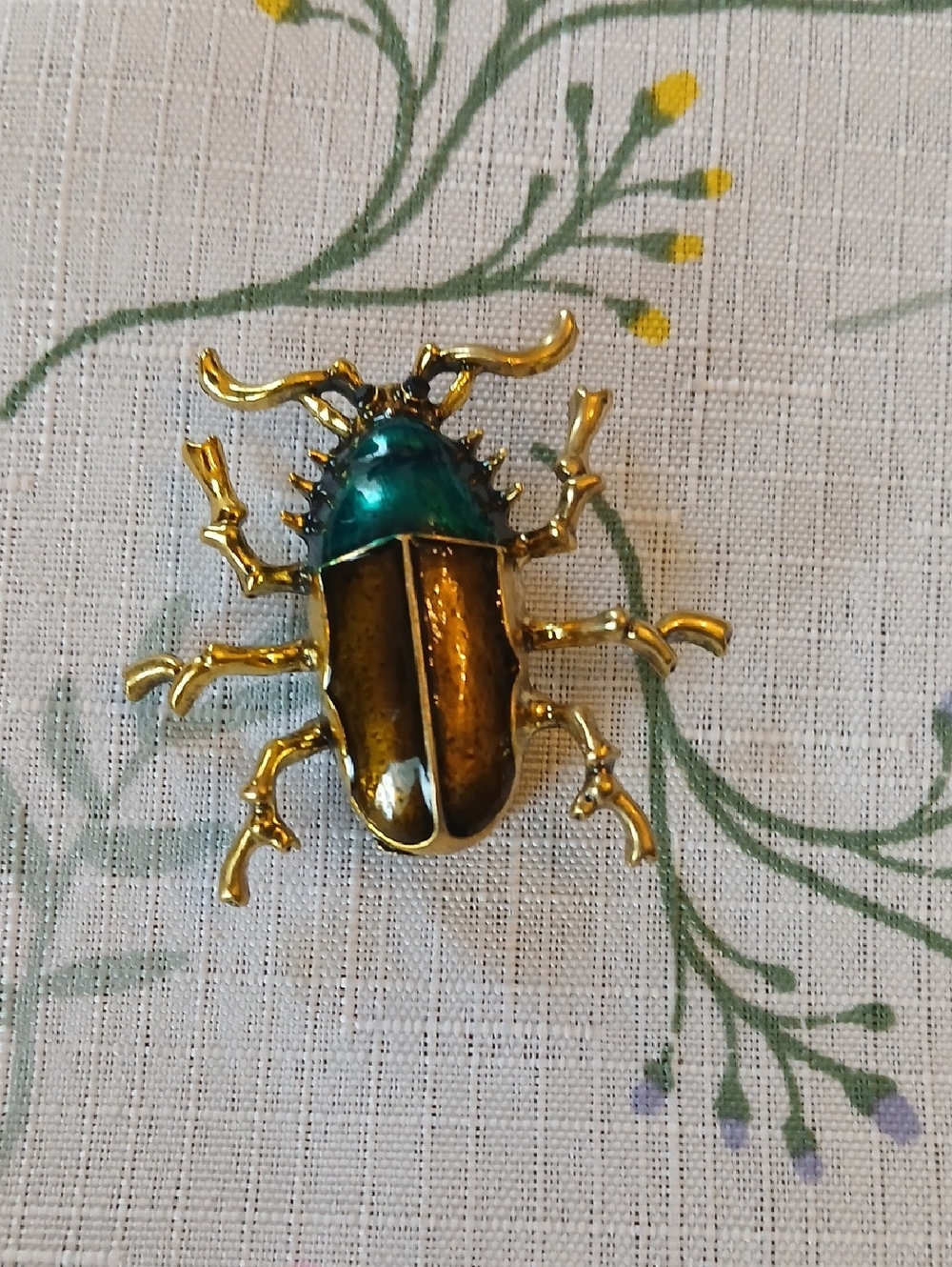 Gold-tone Beetle Brooch with Teal and Amber Enamel